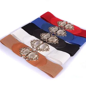 Elegant wide elastic waist belts with vintage rhinestone buckles in five different colors
