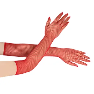 Detailed macro view of long red elastic fishnet gloves featuring a full finger design