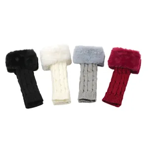 Detail view of cable knit fingerless gloves with soft faux fur trim in four various colors