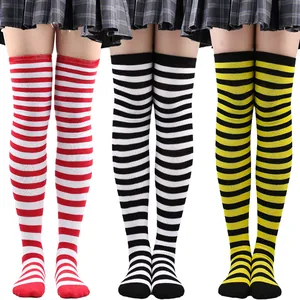 Japanese anime style striped over-the-knee socks in red, black, and yellow colors