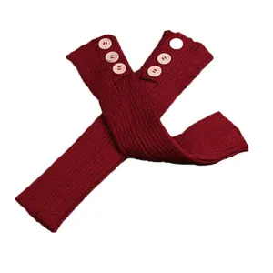 Pair of stylish wine red knitted leg warmers featuring three button accents on a clean white background
