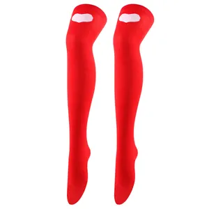 Stunning red thigh-high stockings featuring a white heart pattern for Valentine's Day.