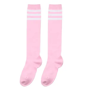 Detailed view of pink knee-high socks featuring three white stripes athletic style