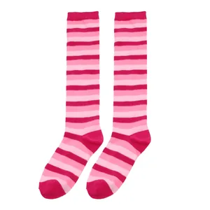 Vibrant pink and rose red striped knee-high socks, ideal for cosplay and dance performances