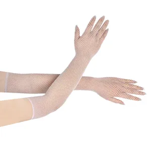 Detail shot of long white fishnet gloves showing full finger design and mesh texture.