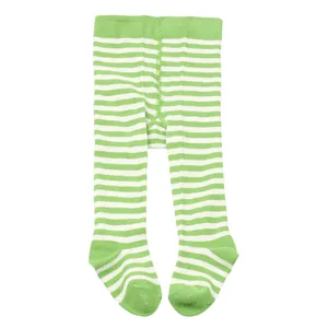 Close-up of green and white horizontal striped footed tights for infants and toddlers
