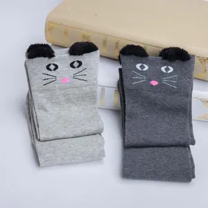 Cute cartoon cat over-the-knee socks with 3D ears in light and dark gray tones