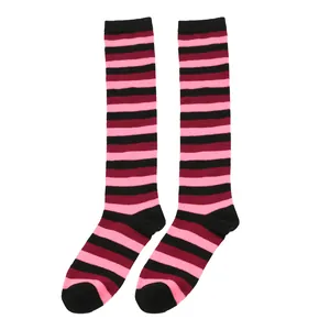 Knee-high socks with pink, black, and maroon stripes for cosplay and dance