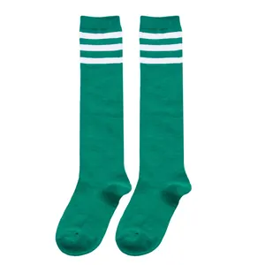 Detail of vibrant green children's knee-high socks featuring three classic white stripes