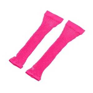 Close-up view of neon pink fishnet long gloves with hollow-out elastic design for parties