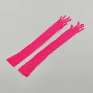 Macro view showing the neon pink long fishnet gloves with elastic mesh and fingers