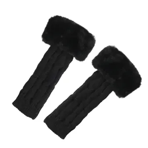 Women's black cable knit fingerless gloves with elegant faux fur trim arm warmers