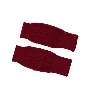 Elegant burgundy fingerless knit arm warmers with a unique checkered texture pattern