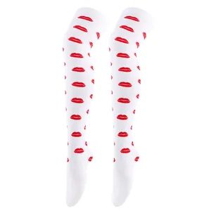 Detail of white over-the-knee socks featuring a vibrant red lip print pattern for Valentine's Day.