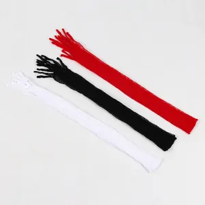 Long fishnet gloves in red, black, and white colors with elastic mesh for party wear