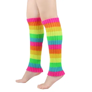 Rainbow Striped Knit Leg Warmers For Women Neon Colorful Acrylic Jacquard Thigh High Socks For Party Winter Autumn