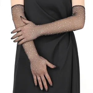 Guanti lunghi a rete neri con strass scintillanti per cosplay e feste in discoteca