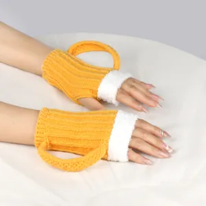 Pair of creative yellow beer mug knit fingerless gloves with white fuzzy trim on hands.
