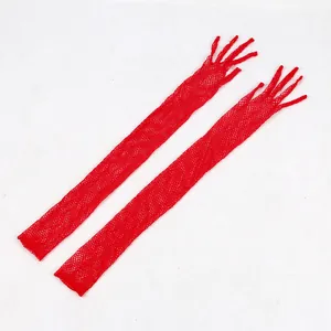 Close-up view of long red elastic fishnet gloves for sexy party and dance wear