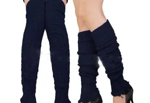 Detailed macro view of dark navy knit leg warmers in slouched and over-knee styles