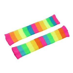 Vibrant rainbow striped knit leg warmers with neon colors for winter party outfits