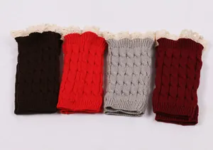 Variety of cable knit leg warmers with delicate lace trim in four colors.