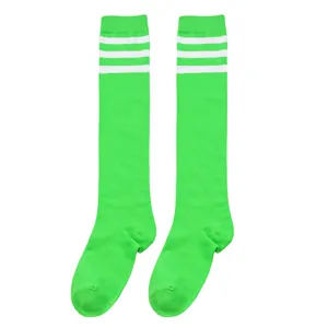 Neon green children's knee-high socks featuring three white sporty horizontal stripes