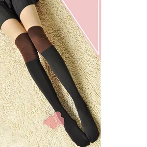 Chaussettes hautes tricotées bicolores pour femmes en coton doux marron et noir