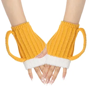 Close-up detail of yellow beer mug fingerless gloves with fluffy white foam texture