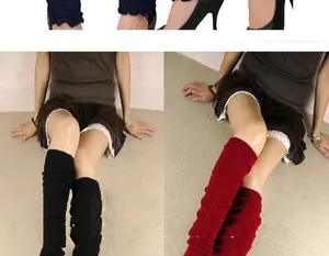 Detailed shots of knitted over-the-knee leg warmers available in black, red, and navy blue.