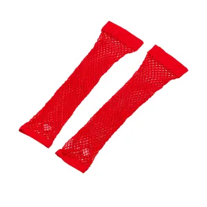 Red fishnet long gloves featuring elastic hollow mesh design for clubwear or parties.