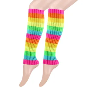 Detailed view of vibrant rainbow striped knit leg warmers for party and warmth.