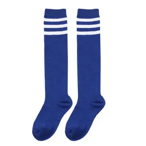 Knee-high blue children's socks with three white stripes and ribbed cuffs for a comfortable fit.
