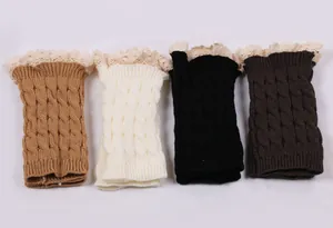 Detailed view of cable knit leg warmers with elegant lace trim in four classic color options