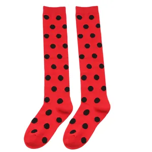 Ladybug themed red knee-high socks with black polka dots for kids festive costumes