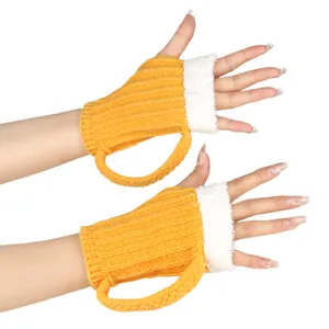 Detailed macro view of beer mug knit gloves featuring a plush white rim and fingerless design
