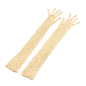 Detailed macro view of long beige fishnet gloves with elastic full finger mesh design.