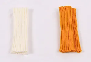 High-quality detailed view of white and orange ribbed knit arm warmers for winter warmth
