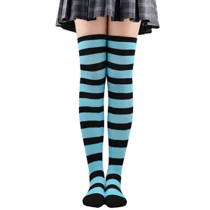 Premium soft blue and black striped thigh-high stockings for cosplay holiday parties
