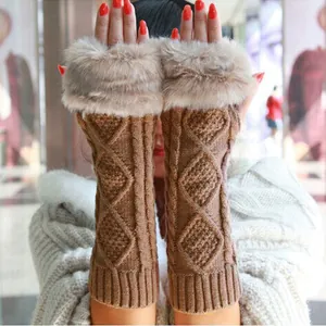 Women Winter Warm Knitted Arm Sleeves Faux Fur Trim Long Fingerless Gloves Rhombic Jacquard Half Finger Mittens
