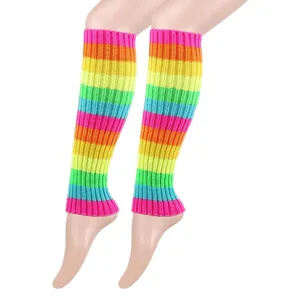 Vibrant rainbow knitted leg warmers for women, cozy winter thermal striped foot covers