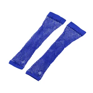 Detail showing fine mesh texture and elastic cuffs of royal blue fishnet gloves.