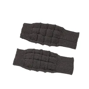 Dark brown textured knitted fingerless gloves displayed on a clean white background.