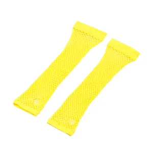 Detailed view of yellow long fishnet gloves with elastic cuffs and hollow design