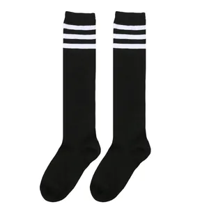 Black over-the-knee children's socks featuring sporty white triple stripe design