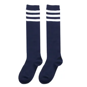 Detailed view of navy blue children's knee-high socks with three white stripes