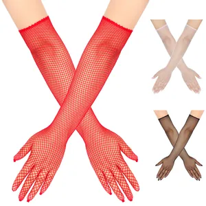 Women Long Fishnet Gloves Full Finger Elastic Mesh Party Prom Sexy Nightclub Evening Costume Accessory Jacquard Nylon Glove