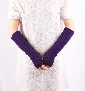 Long purple cable knit fingerless arm warmers for autumn and winter warmth fashion
