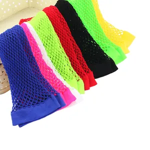 Close-up of colorful neon fishnet gloves showing various vibrant shades and mesh texture