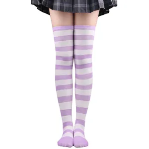 Purple and white striped over the knee thigh high socks for parties and costumes.